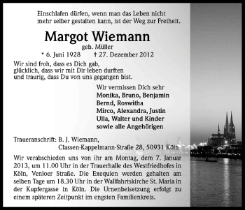 Anzeige von Margot Wiemann von Kölner Stadt-Anzeiger / Kölnische Rundschau / Express