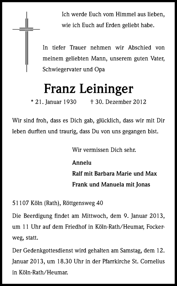  Traueranzeige für Franz Leininger vom 05.01.2013 aus Kölner Stadt-Anzeiger / Kölnische Rundschau / Express