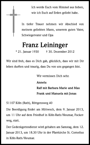 Anzeige von Franz Leininger von Kölner Stadt-Anzeiger / Kölnische Rundschau / Express
