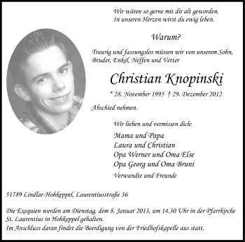 Anzeige von Christian Knopinski von Kölner Stadt-Anzeiger / Kölnische Rundschau / Express