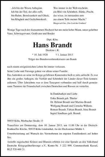 Anzeige von Hans Brandt von Kölner Stadt-Anzeiger / Kölnische Rundschau / Express