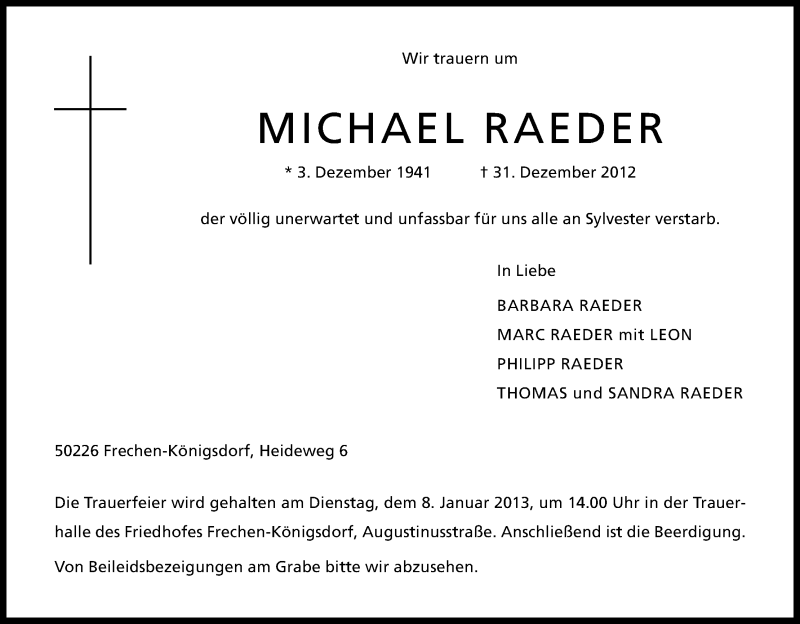  Traueranzeige für Michael Raeder vom 05.01.2013 aus Kölner Stadt-Anzeiger / Kölnische Rundschau / Express
