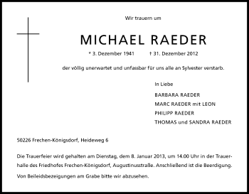 Anzeige von Michael Raeder von Kölner Stadt-Anzeiger / Kölnische Rundschau / Express
