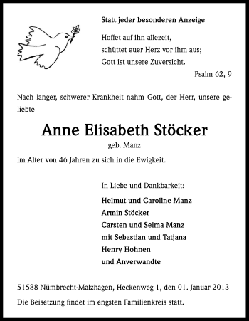 Anzeige von Anne Elisabeth Stöcker von Kölner Stadt-Anzeiger / Kölnische Rundschau / Express