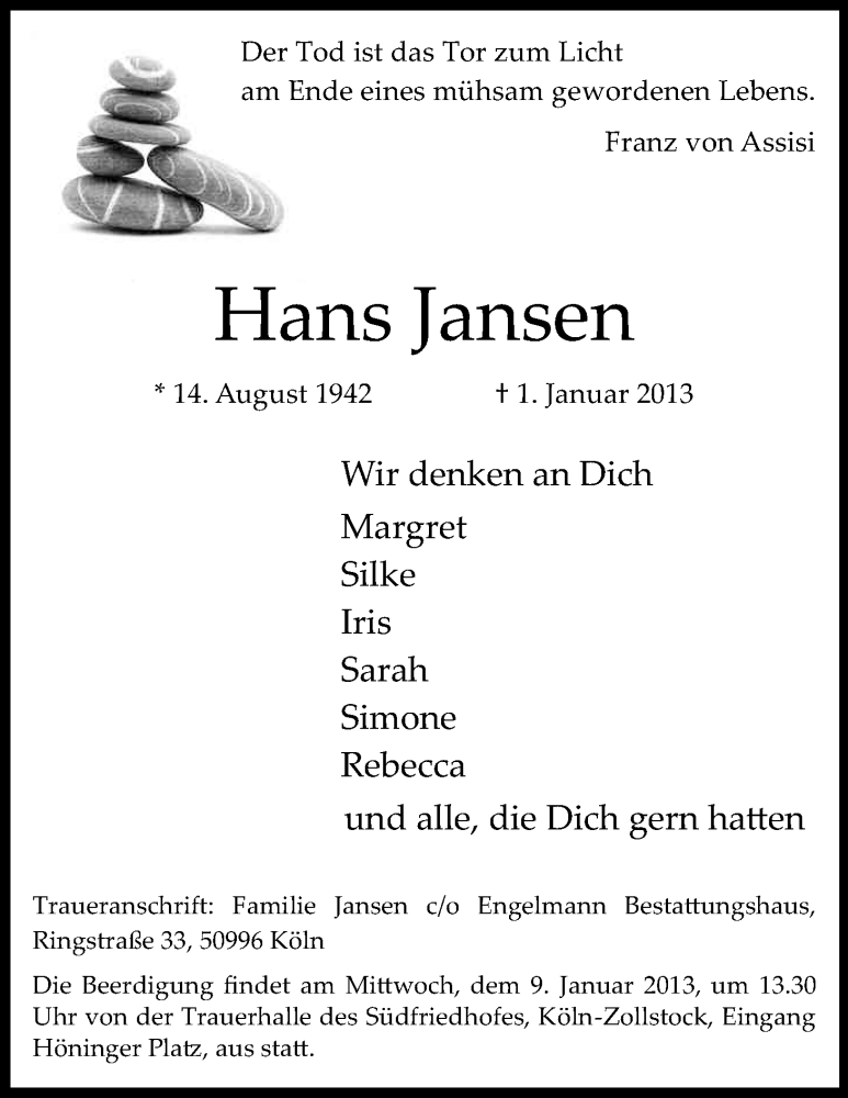  Traueranzeige für Hans Jansen vom 05.01.2013 aus Kölner Stadt-Anzeiger / Kölnische Rundschau / Express