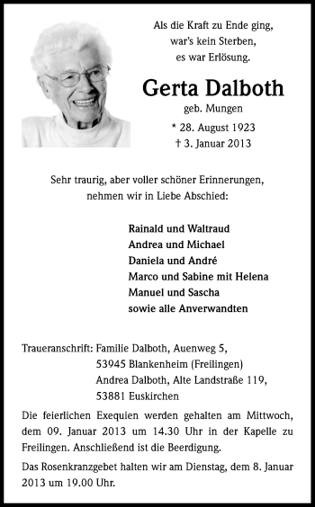 Anzeige von Gerta Dalboth von Kölner Stadt-Anzeiger / Kölnische Rundschau / Express