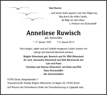 Anzeige von Anneliese Ruwisch von Kölner Stadt-Anzeiger / Kölnische Rundschau / Express