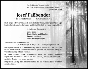 Anzeige von Josef Faßbender von Kölner Stadt-Anzeiger / Kölnische Rundschau / Express