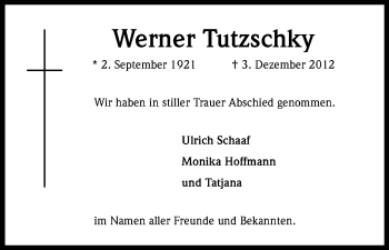Anzeige von Werner Tutzschky von Kölner Stadt-Anzeiger / Kölnische Rundschau / Express