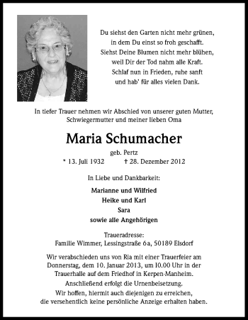 Anzeige von Maria Schumacher von Kölner Stadt-Anzeiger / Kölnische Rundschau / Express