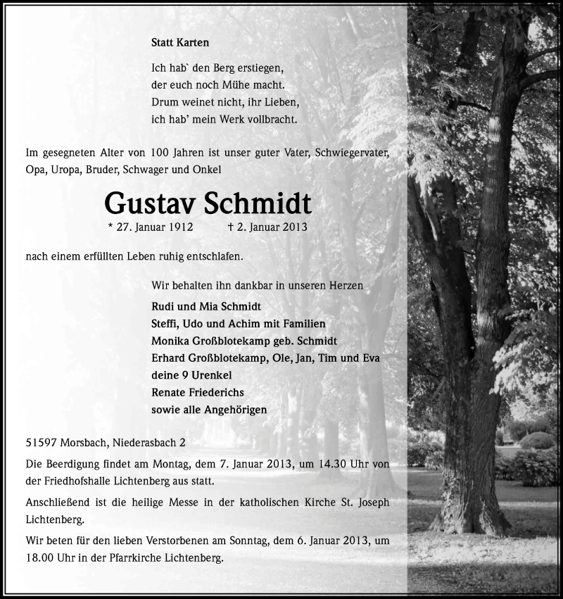  Traueranzeige für Gustav Schmidt vom 05.01.2013 aus Kölner Stadt-Anzeiger / Kölnische Rundschau / Express