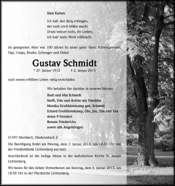 Anzeige von Gustav Schmidt von Kölner Stadt-Anzeiger / Kölnische Rundschau / Express
