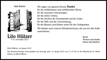 Anzeige von Lilo HÃ¼lzer von Kölner Stadt-Anzeiger / Kölnische Rundschau / Express