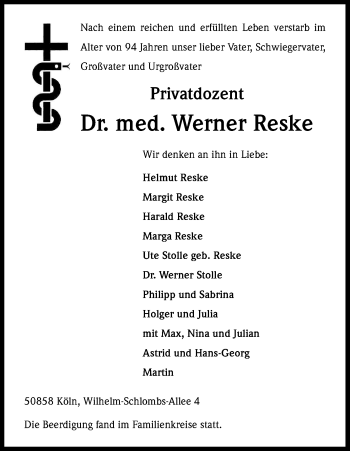 Anzeige von Werner Reske von Kölner Stadt-Anzeiger / Kölnische Rundschau / Express