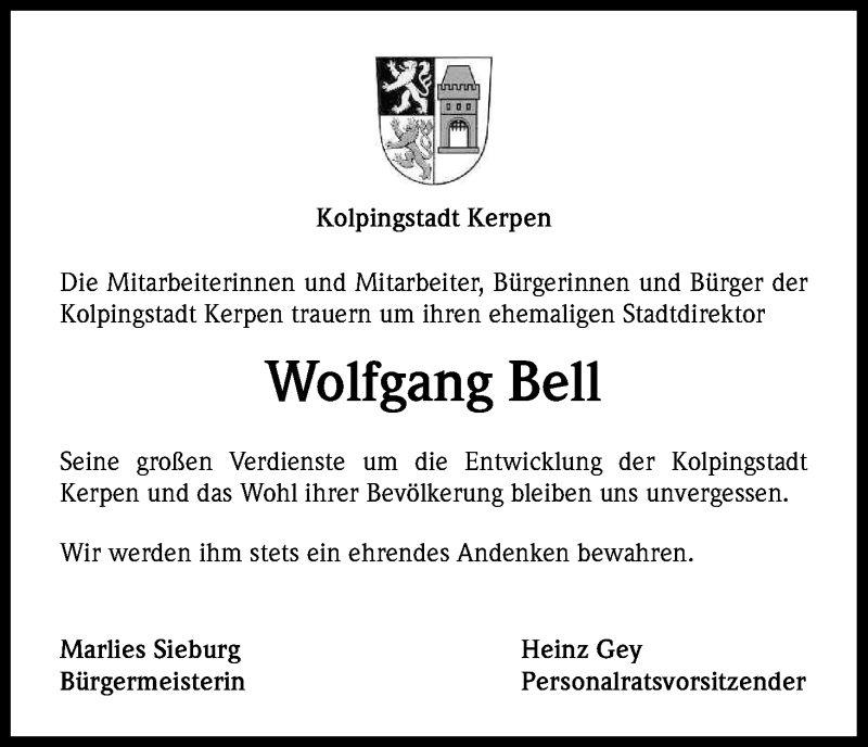  Traueranzeige für Wolfgang Bell vom 05.01.2013 aus Kölner Stadt-Anzeiger / Kölnische Rundschau / Express