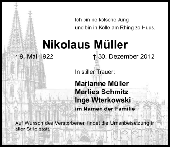 Anzeige von Nikolaus Müller von Kölner Stadt-Anzeiger / Kölnische Rundschau / Express