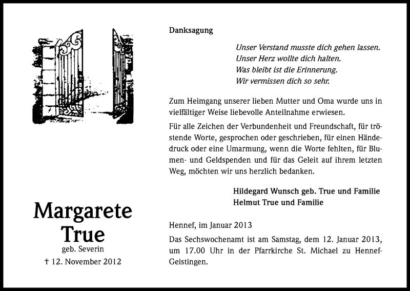  Traueranzeige für Margarete True vom 05.01.2013 aus Kölner Stadt-Anzeiger / Kölnische Rundschau / Express