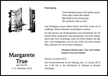 Anzeige von Margarete True von Kölner Stadt-Anzeiger / Kölnische Rundschau / Express