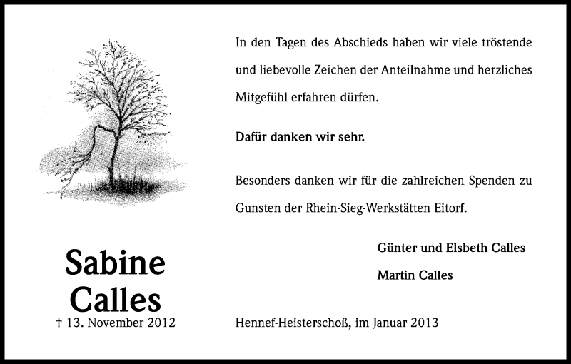  Traueranzeige für Sabine Calles vom 05.01.2013 aus Kölner Stadt-Anzeiger / Kölnische Rundschau / Express