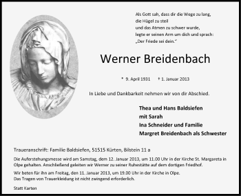 Anzeige von Werner Breidenbach von Kölner Stadt-Anzeiger / Kölnische Rundschau / Express