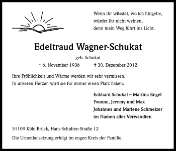 Anzeige von Edeltraud Wagner-Schukat von Kölner Stadt-Anzeiger / Kölnische Rundschau / Express