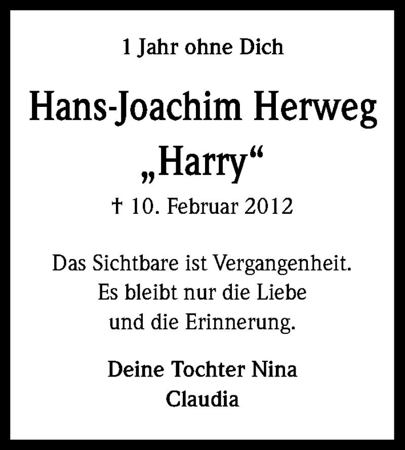  Traueranzeige für Hans-Joachim Herweg vom 11.02.2013 aus Kölner Stadt-Anzeiger / Kölnische Rundschau / Express