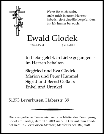Anzeige von Ewald Glodek von Kölner Stadt-Anzeiger / Kölnische Rundschau / Express