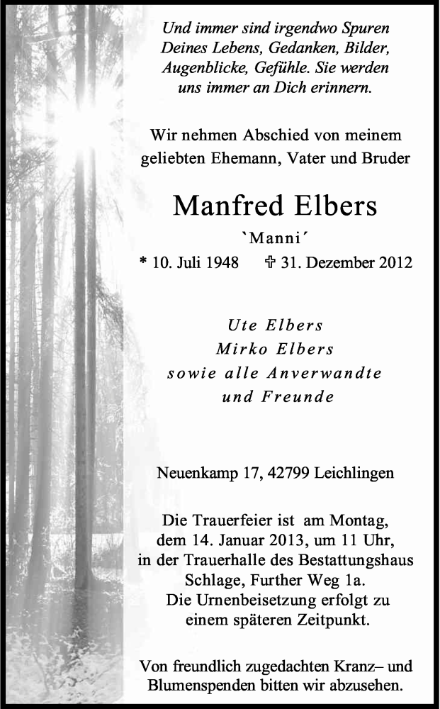  Traueranzeige für Manfred Elbers vom 05.01.2013 aus Kölner Stadt-Anzeiger / Kölnische Rundschau / Express