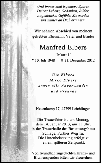 Anzeige von Manfred Elbers von Kölner Stadt-Anzeiger / Kölnische Rundschau / Express