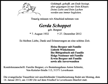 Anzeige von Gerda Schoppet von Kölner Stadt-Anzeiger / Kölnische Rundschau / Express