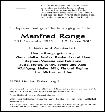 Anzeige von Manfred Ronge von Kölner Stadt-Anzeiger / Kölnische Rundschau / Express