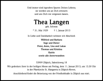 Anzeige von Thea Langen von Kölner Stadt-Anzeiger / Kölnische Rundschau / Express
