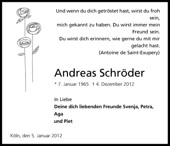 Anzeige von Andreas Schröder von Kölner Stadt-Anzeiger / Kölnische Rundschau / Express