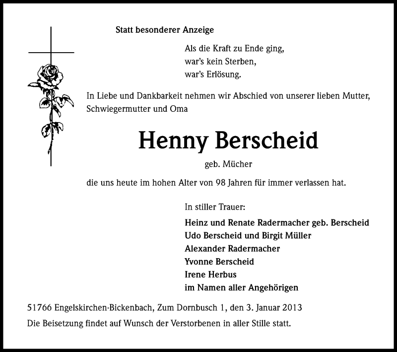  Traueranzeige für Henny Berscheid vom 05.01.2013 aus Kölner Stadt-Anzeiger / Kölnische Rundschau / Express