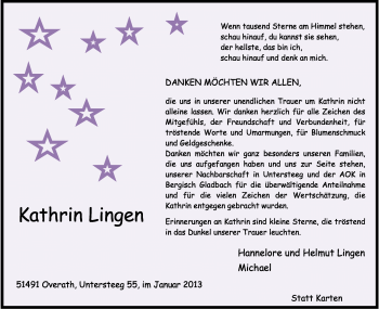 Anzeige von Kathrin Lingen von Kölner Stadt-Anzeiger / Kölnische Rundschau / Express