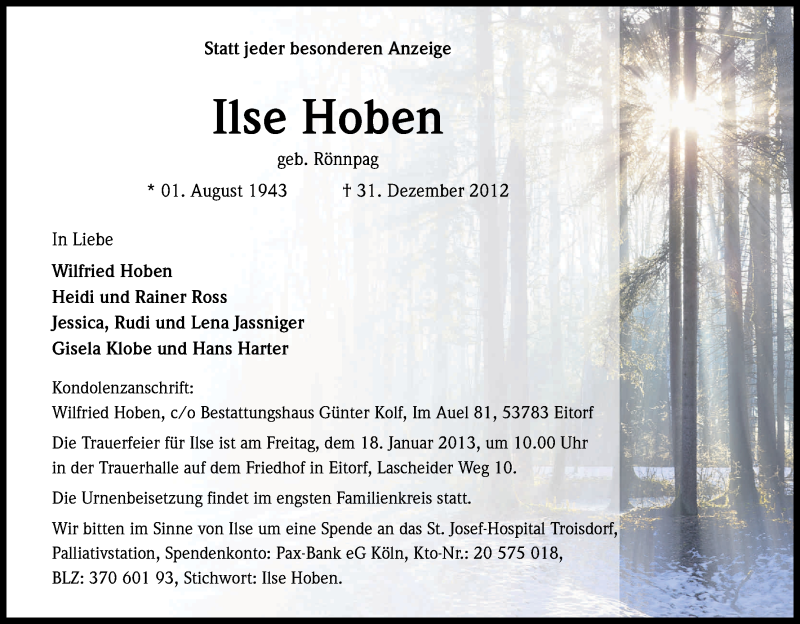  Traueranzeige für Ilse Hoben vom 05.01.2013 aus Kölner Stadt-Anzeiger / Kölnische Rundschau / Express