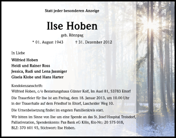 Anzeige von Ilse Hoben von Kölner Stadt-Anzeiger / Kölnische Rundschau / Express
