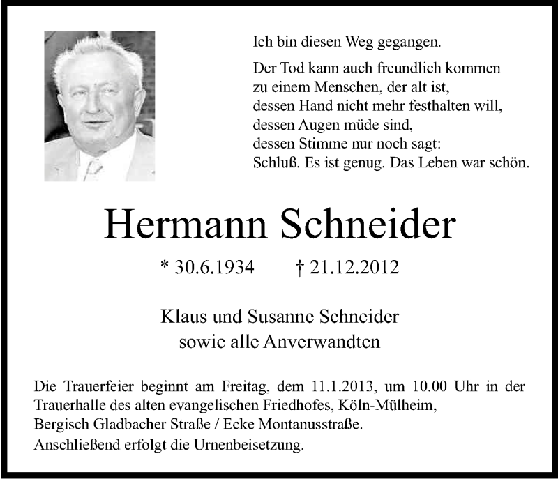  Traueranzeige für Hermann Schneider vom 05.01.2013 aus Kölner Stadt-Anzeiger / Kölnische Rundschau / Express