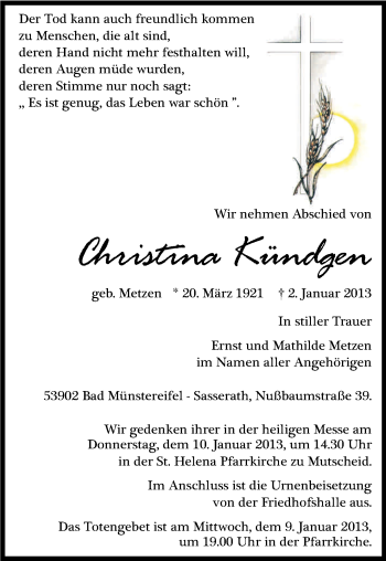 Anzeige von Christina Kündgen von Kölner Stadt-Anzeiger / Kölnische Rundschau / Express