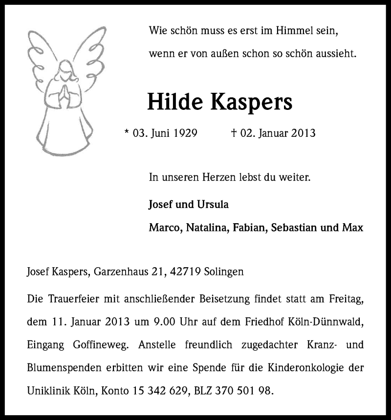  Traueranzeige für Hilde Kaspers vom 05.01.2013 aus Kölner Stadt-Anzeiger / Kölnische Rundschau / Express