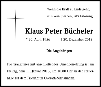 Anzeige von Klaus Peter Bücheler von Kölner Stadt-Anzeiger / Kölnische Rundschau / Express