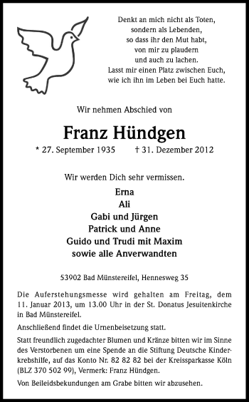 Anzeige von Franz Hündgen von Kölner Stadt-Anzeiger / Kölnische Rundschau / Express