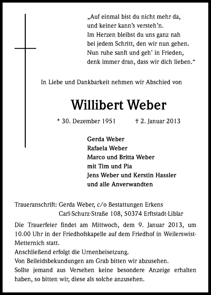  Traueranzeige für Willibert Weber vom 05.01.2013 aus Kölner Stadt-Anzeiger / Kölnische Rundschau / Express