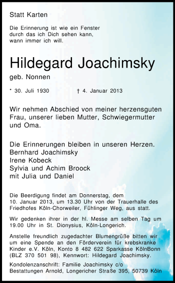 Anzeige von Hildegard Joachimsky von Kölner Stadt-Anzeiger / Kölnische Rundschau / Express