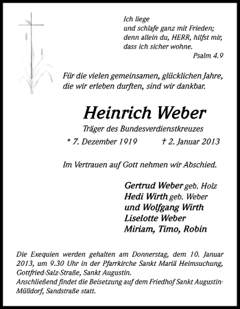 Anzeige von Heinrich Weber von Kölner Stadt-Anzeiger / Kölnische Rundschau / Express