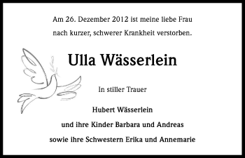 Anzeige von Ulla Wässerlein von Kölner Stadt-Anzeiger / Kölnische Rundschau / Express