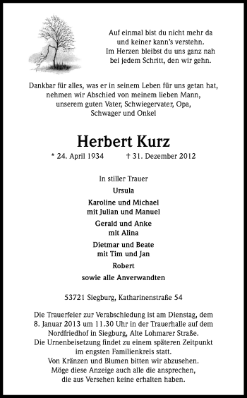 Anzeige von Herbert Kurz von Kölner Stadt-Anzeiger / Kölnische Rundschau / Express