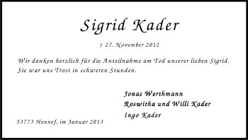 Anzeige von Sigrid Kader von Kölner Stadt-Anzeiger / Kölnische Rundschau / Express