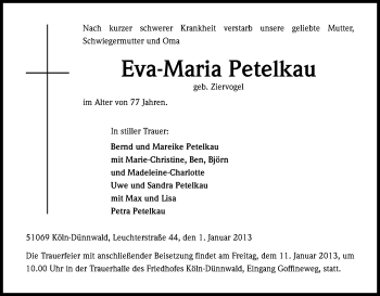 Anzeige von Eva-Maria Petelkau von Kölner Stadt-Anzeiger / Kölnische Rundschau / Express