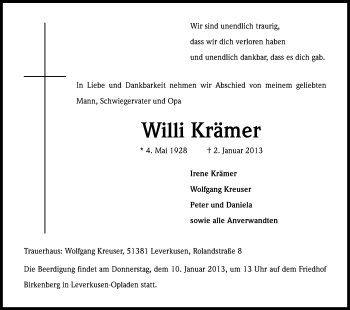 Anzeige von Willi Krämer von Kölner Stadt-Anzeiger / Kölnische Rundschau / Express